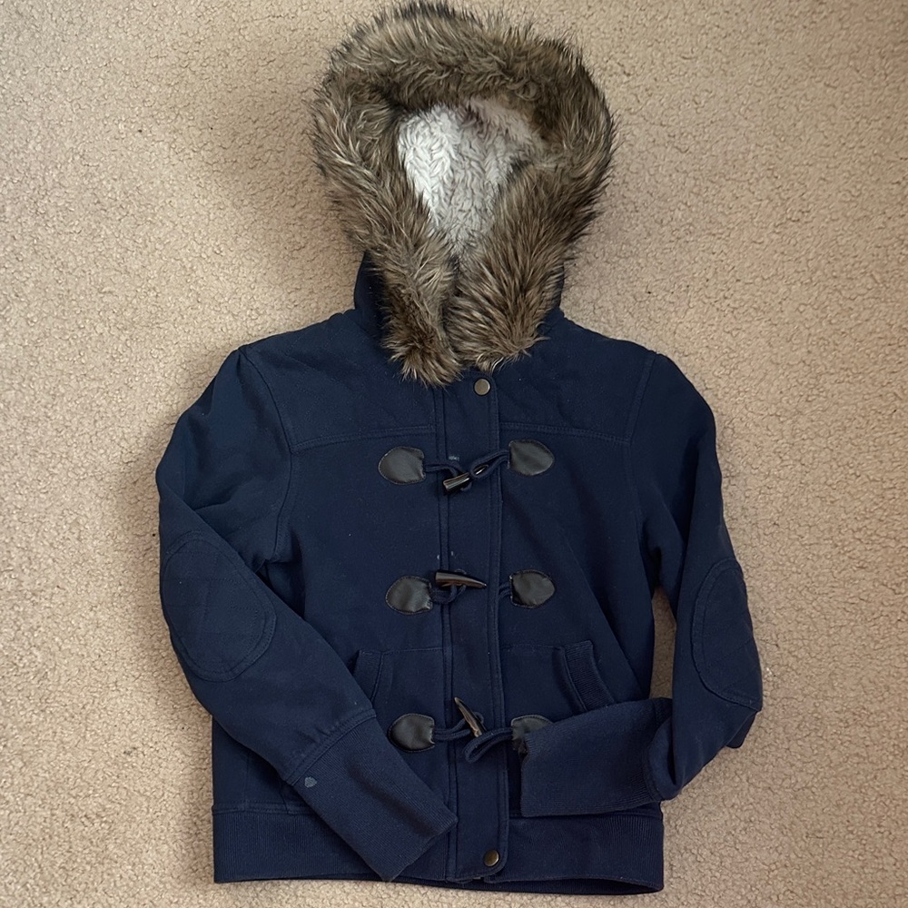 Navy Blue Kids Jacket with Faux Fur Hood